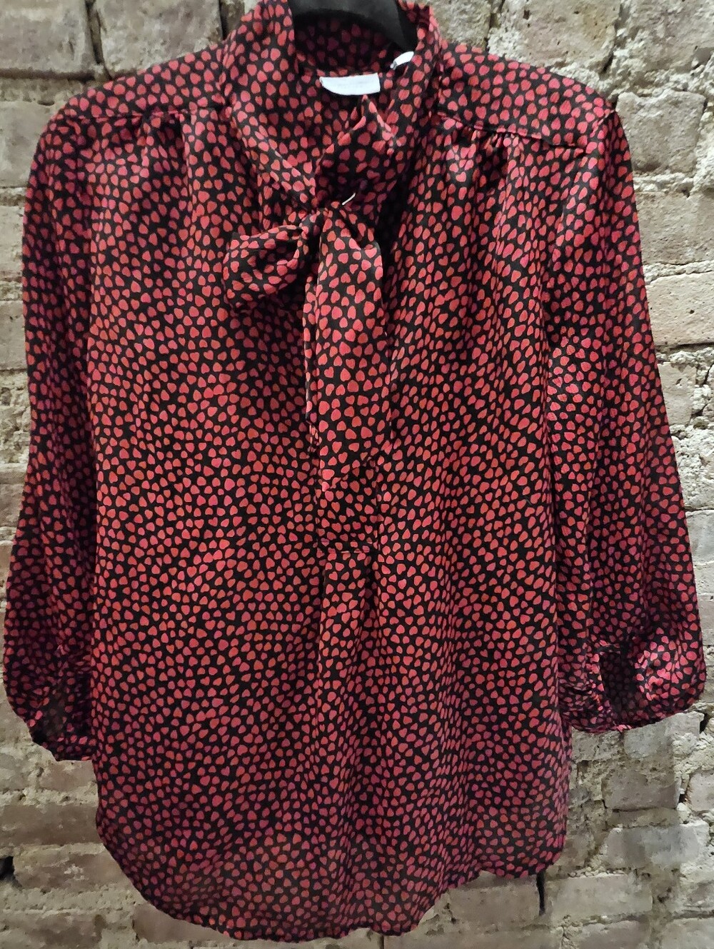 New York & Company Red Heart-Print Tie-Neck Blouse
